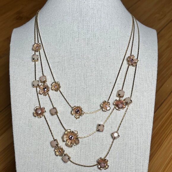 Jewelry - Floral Multi-Strand Gold Necklace With Pink Crystal Accents & Adjustable Lobster